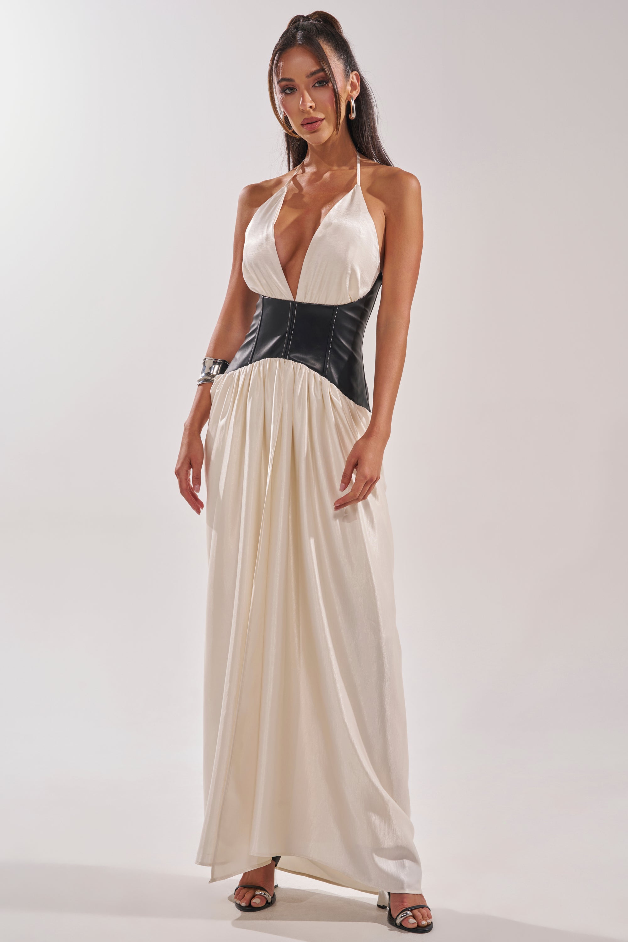 AKIRA Scarlett Halter Leather Corset Maxi Dress | Black