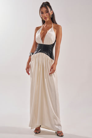 AKIRA Scarlett Halter Leather Corset Maxi Dress | Black