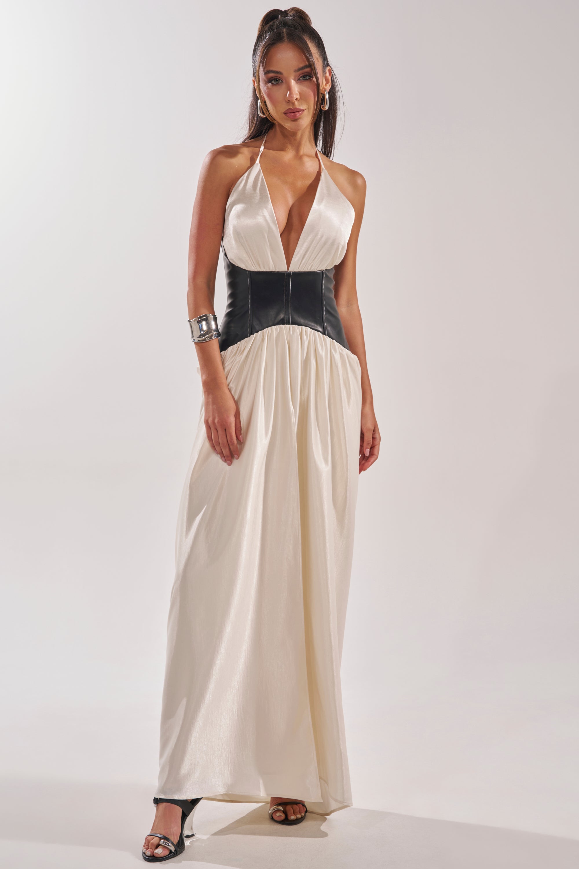 AKIRA Scarlett Halter Leather Corset Maxi Dress | Black | Size Medium