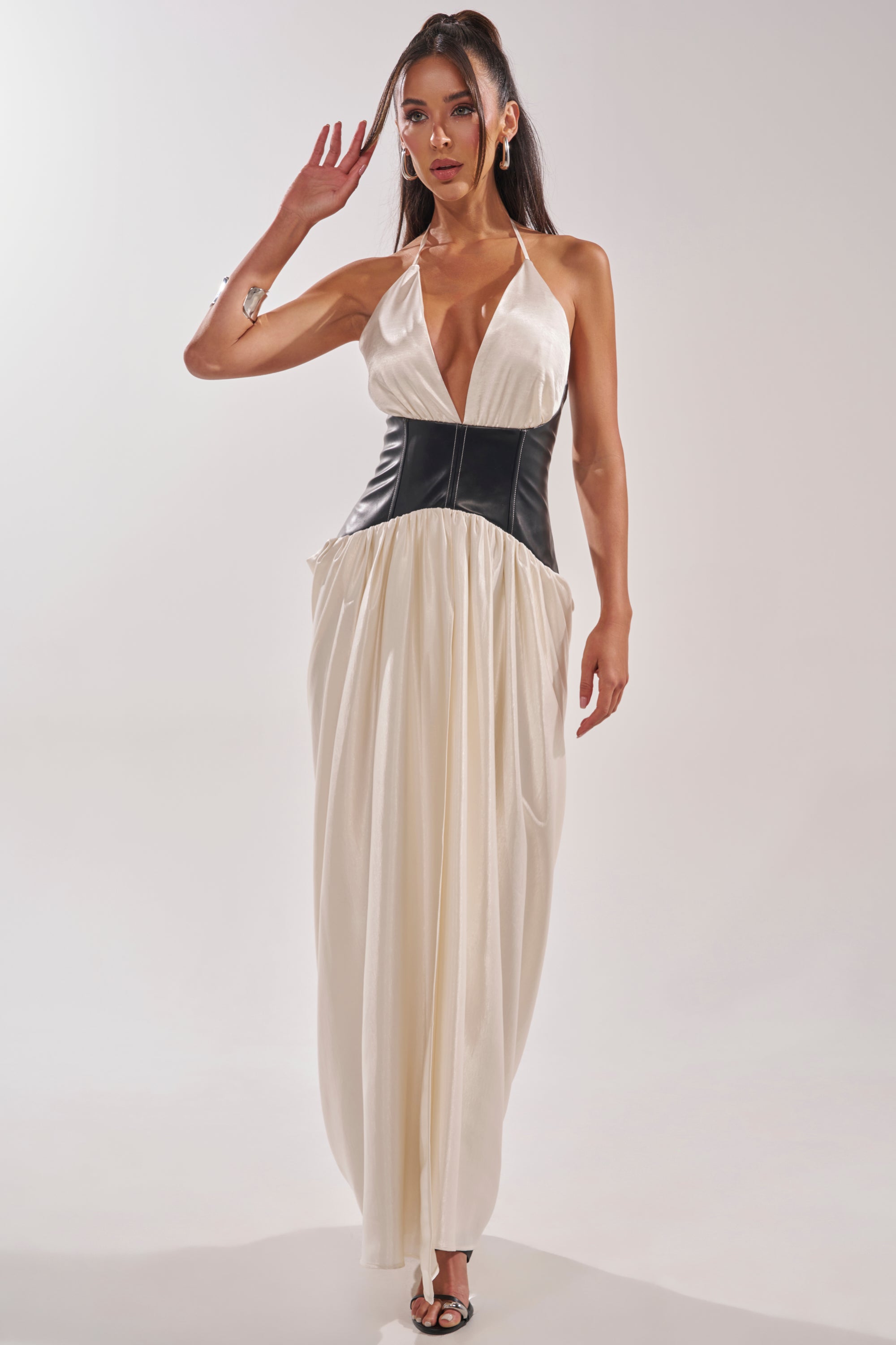 AKIRA Scarlett Halter Leather Corset Maxi Dress | Black | Size Medium AKIRA Scarlett Halter Leather Corset Maxi Dress | Black | Size Medium