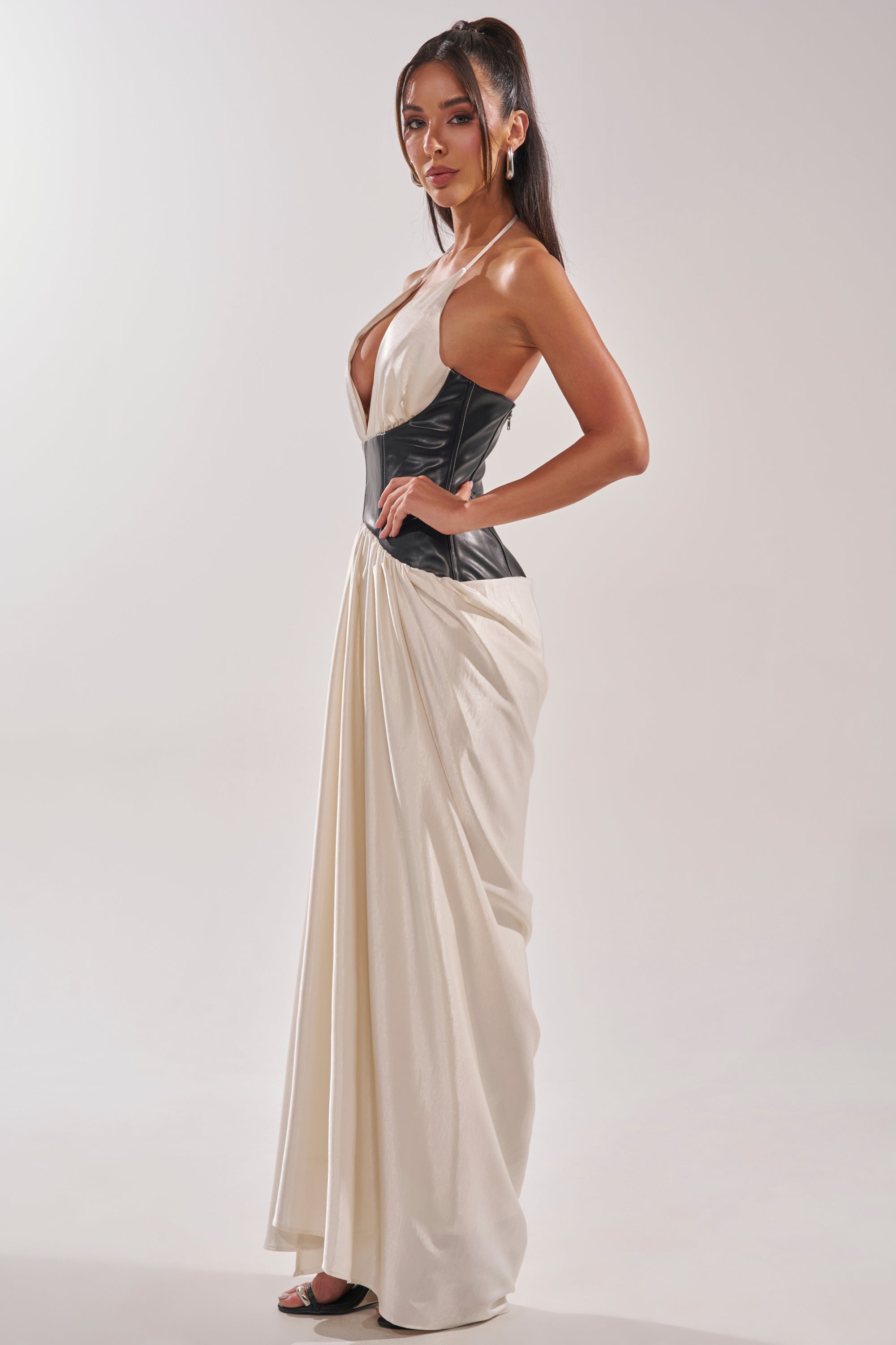 AKIRA Scarlett Halter Leather Corset Maxi Dress | Black | Size Medium AKIRA Scarlett Halter Leather Corset Maxi Dress | Black | Size Medium
