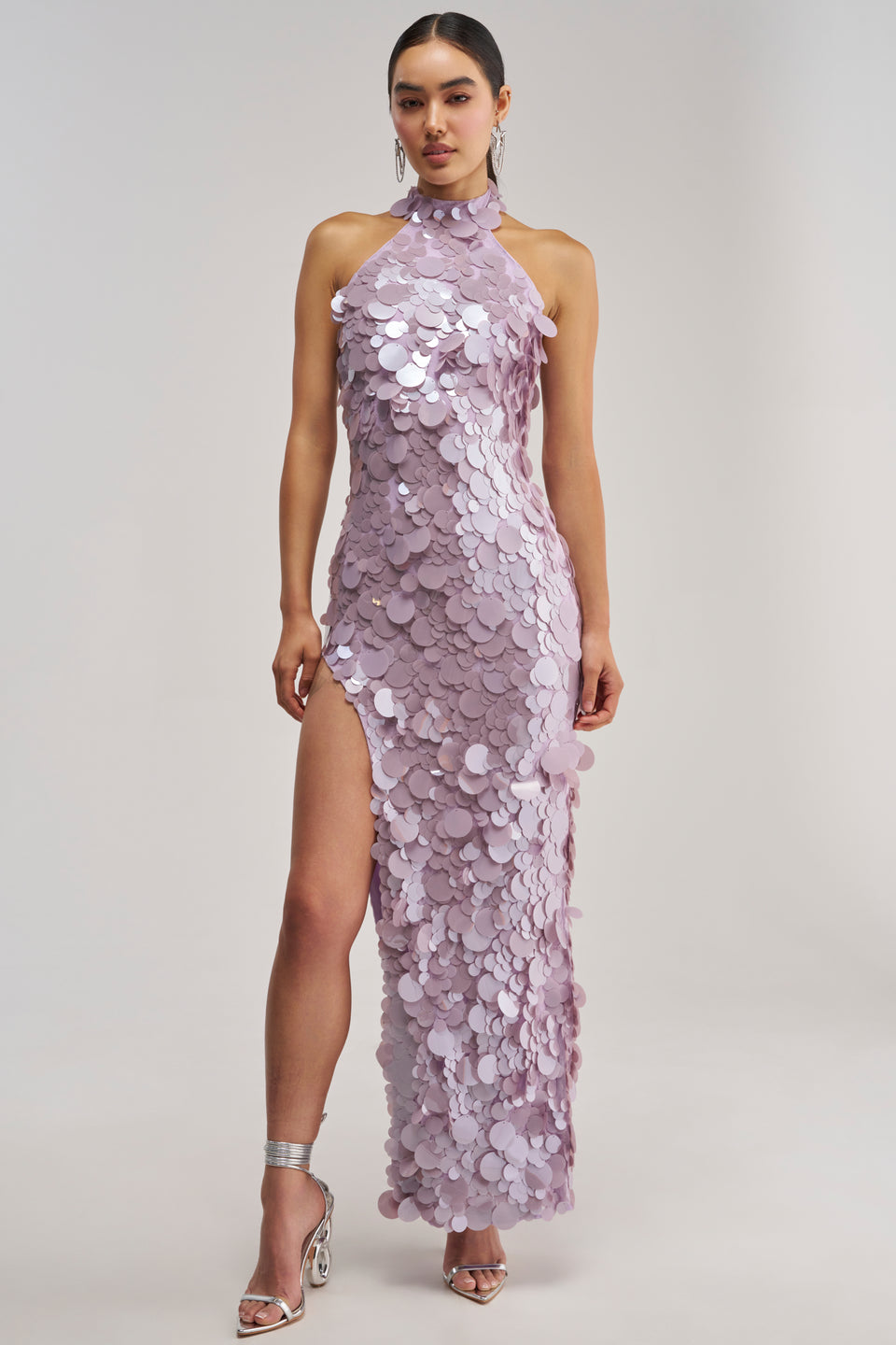 Lilac Sequin Halter Maxi Dress, Fitted