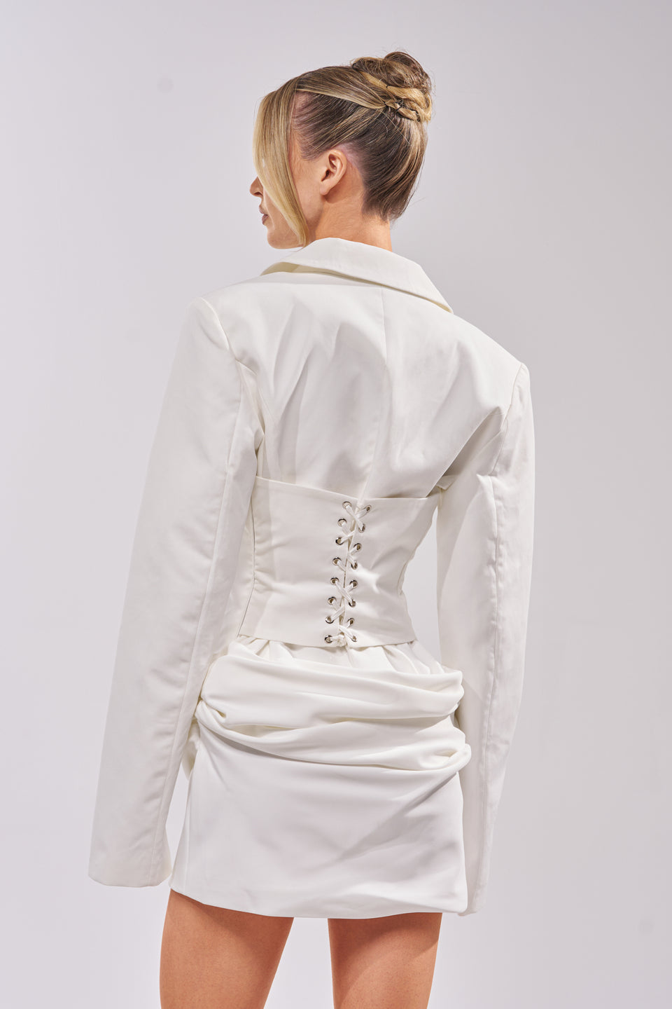 corset waist blazer dress Jordyn White Lace Corset Blazer Dress, XS