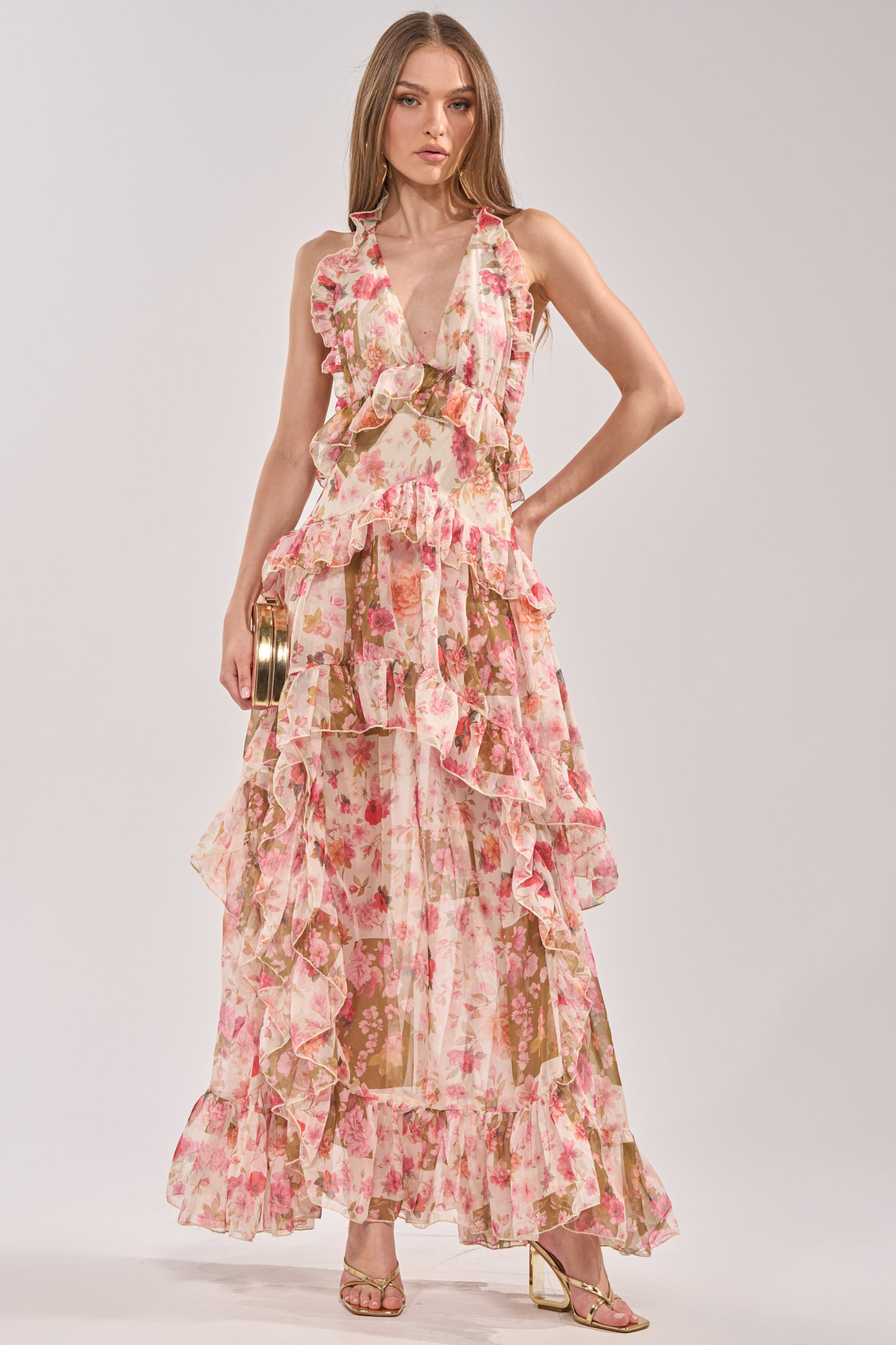 chiffon ruffle strappy maxi dress AKIRA Summer Stroll Floral Chiffon Maxi Dress