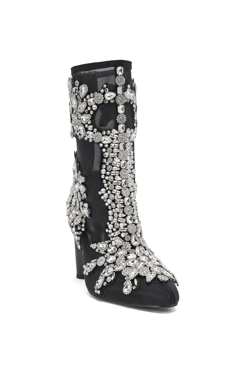 The AKIRA GOLD GRANDEUR BLACK EMBELLISHED COCKTAIL BOOTIE features black material with silver rhinestone floral and leaf designs for a glamorous, eye-catching look.