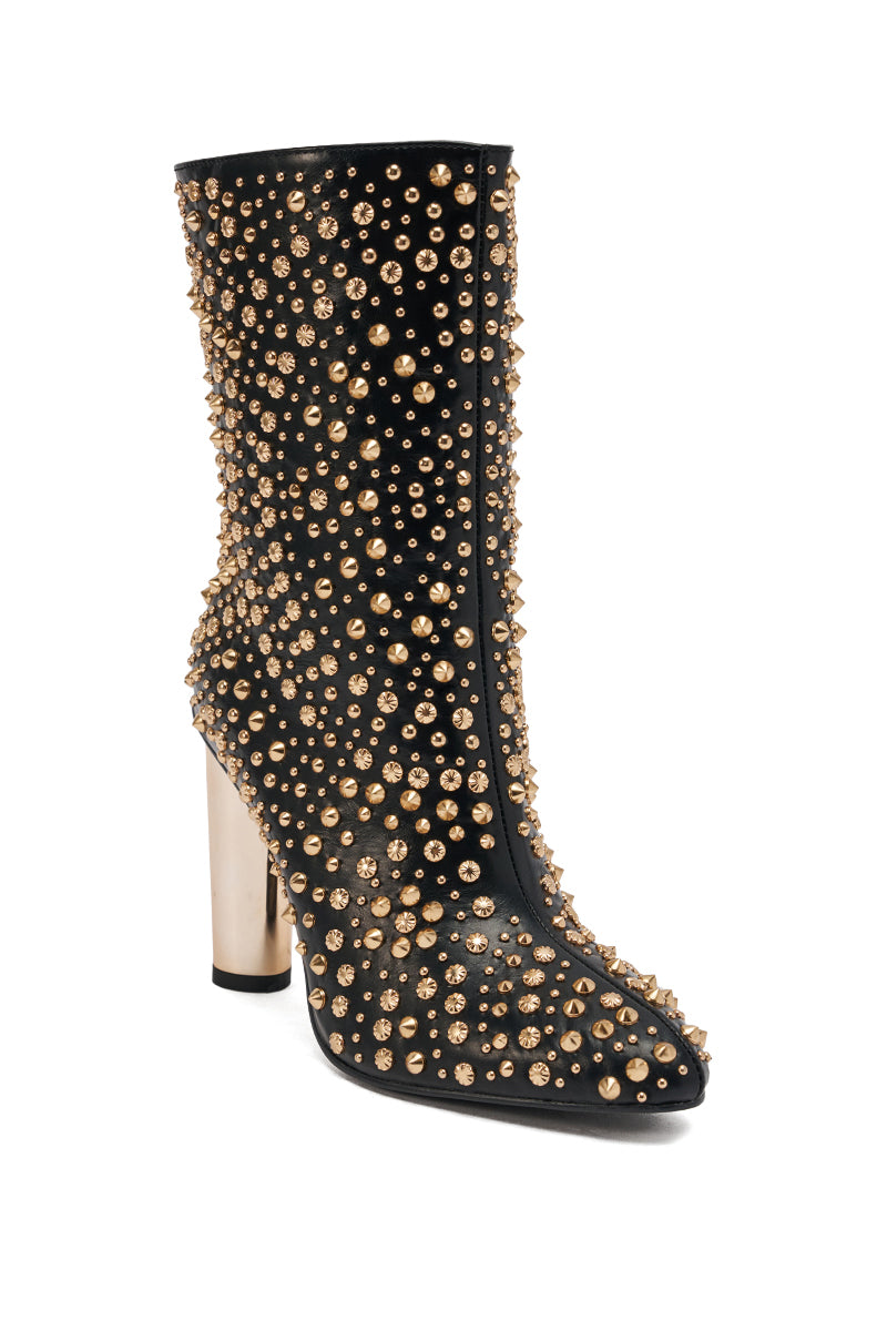 The AZALEA WANG GREHGAN Black Embellished Chunky Heel Bootie features numerous gold studs and a shiny gold block heel.