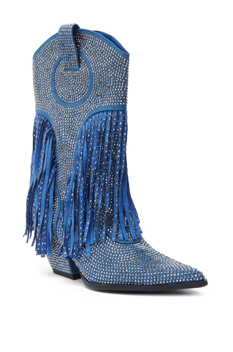 The AZALEA WANG GREIA DENIM RHINESTONE COWBOY BOOTIE features a Western-inspired design with silver studs, blue fringe sides, a pointed toe, and a low heel.