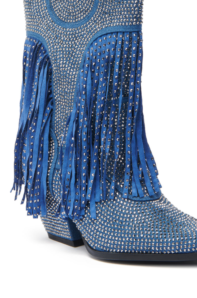 The AZALEA WANG GREIA DENIM RHINESTONE COWBOY BOOTIE features denim fabric, rhinestone embellishments, long blue fringe along the sides, Western-style stitching, a pointed toe, and a low heel for bold style with classic cowboy flair.
