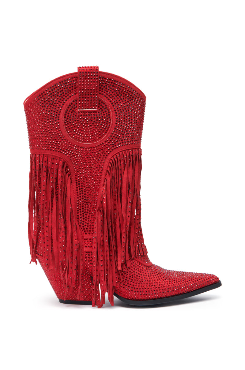 The AZALEA WANG GREIA RED RHINESTONE COWBOY BOOTIE features faux suede, fringe, circular stitching, sparkling rhinestones, a pointed toe, and an angled heel for a bold Western-inspired look.