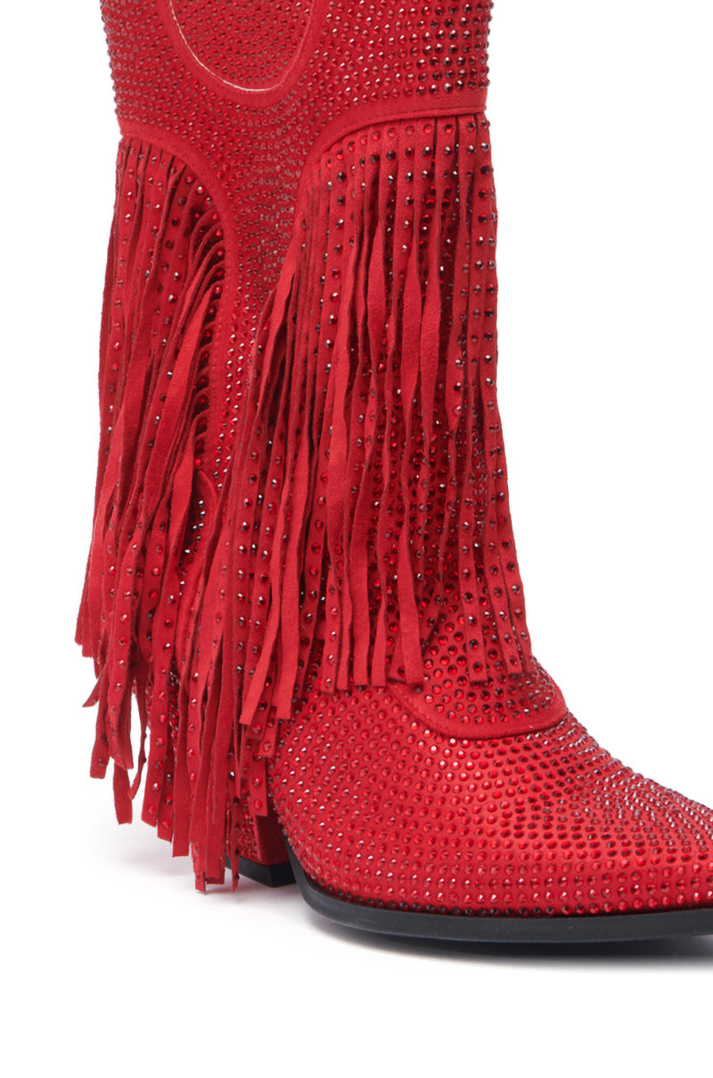 The AZALEA WANG GREIA RED RHINESTONE COWBOY BOOTIE shines with sparkling rhinestones, long faux suede fringe down the side, and a bold chunky heel.