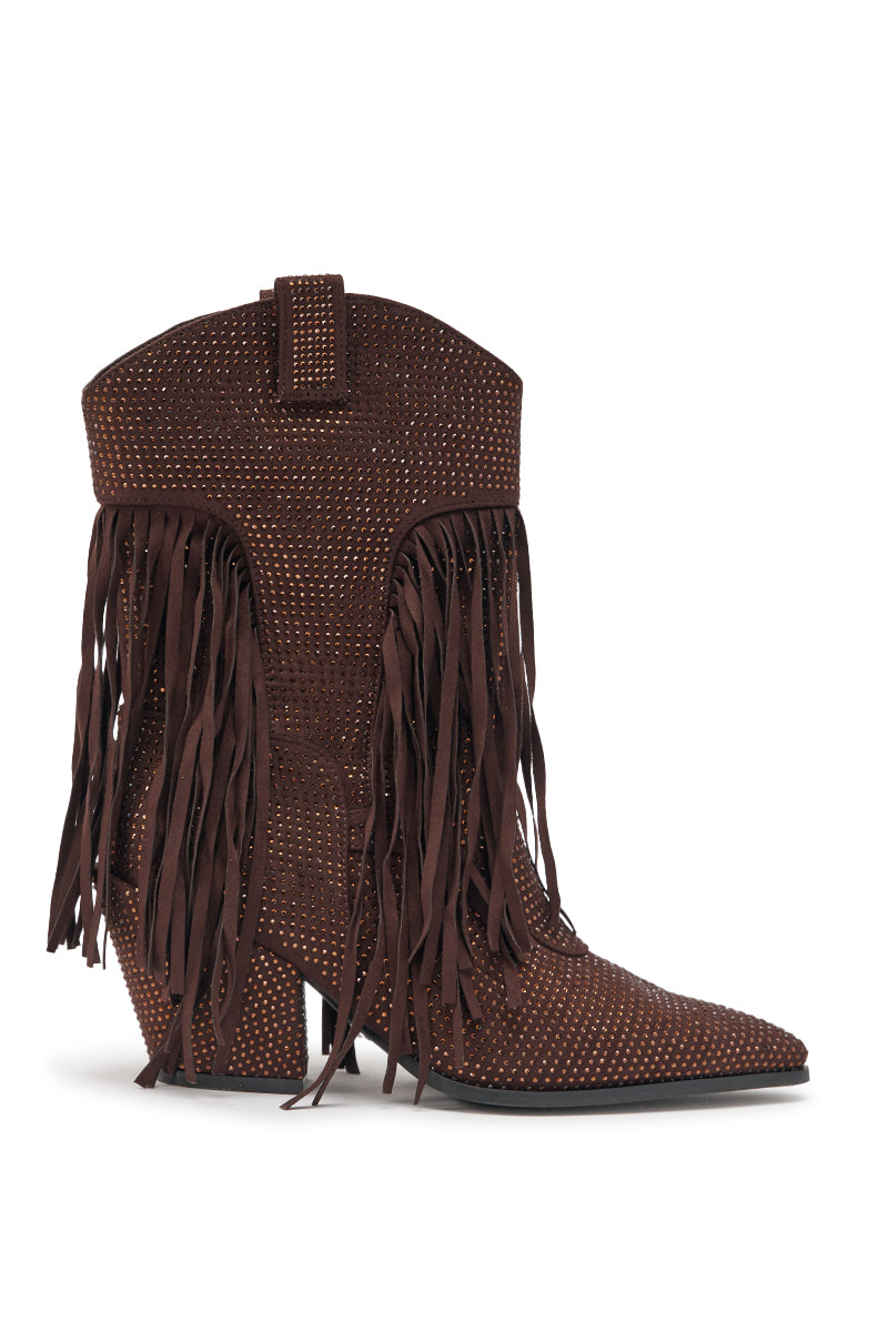 The AKIRA GOLD GREIANA BROWN RHINESTONE WESTERN BOOTIE features a pointed toe, high heel, sparkling rhinestone studs, and long fringe accents for a stylish twist on classic western booties. 3