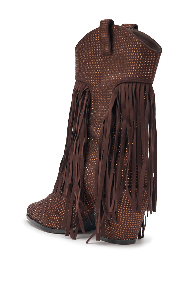 The AKIRA GOLD GREIANA Brown Rhinestone Western Bootie features sparkling rhinestones and long side fringe, shown from a side angle on a white background. 5
