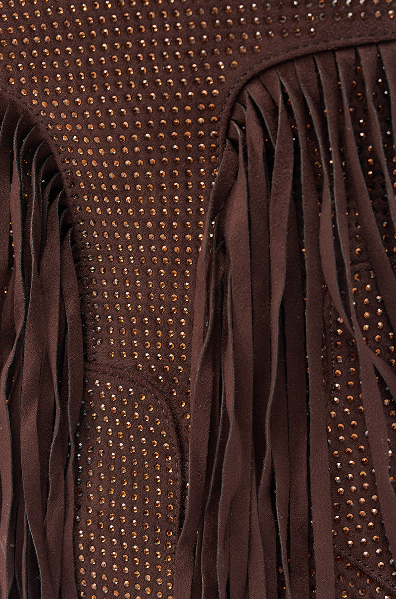 Close-up of the AKIRA GOLD GREIANA BROWN RHINESTONE WESTERN BOOTIE in dark brown suede, featuring sparkling rhinestones and long fringe strips. The soft texture highlights the brilliant shine of the studs. 6