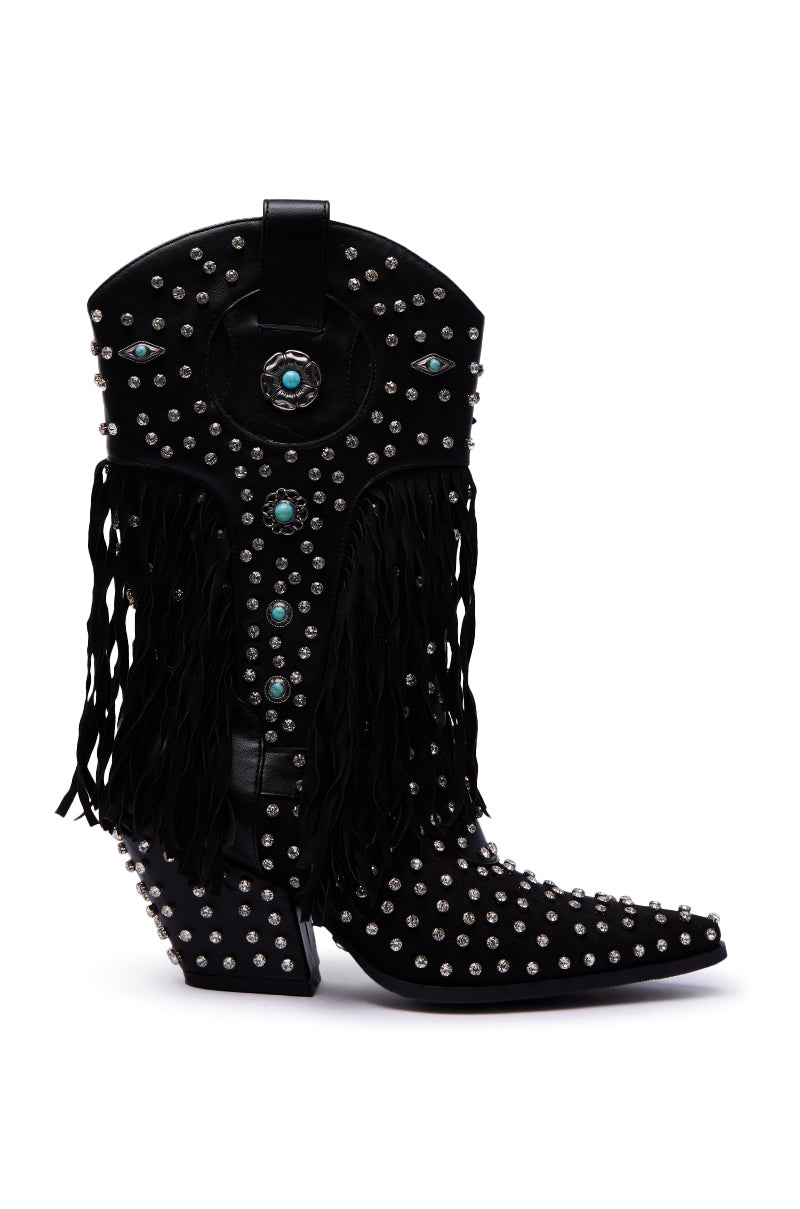 The AZALEA WANG GREYSON BLACK BOOTIE is a black, pointed-toe western bootie with silver studs, turquoise accents, black fringe on the sides, a slanted heel, and an eye-catching embellished faux suede design.