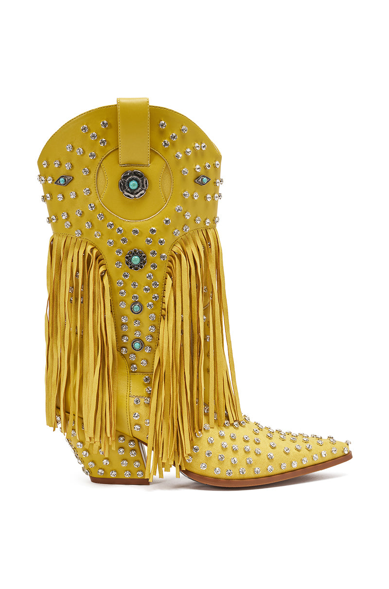 The AZALEA WANG GREYSON Yellow Rhinestone Embellished Western Bootie features faux leather, silver studs, gemstone rhinestones, side fringe, a pointed toe, and a mid-height heel.