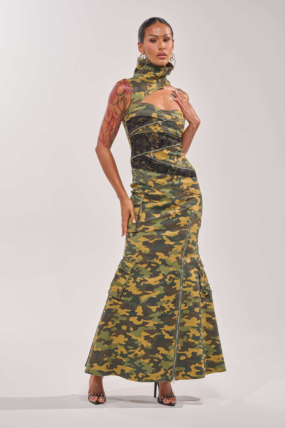 AKIRA Fused Together Mock Neck Maxi Dress In Camo | Black