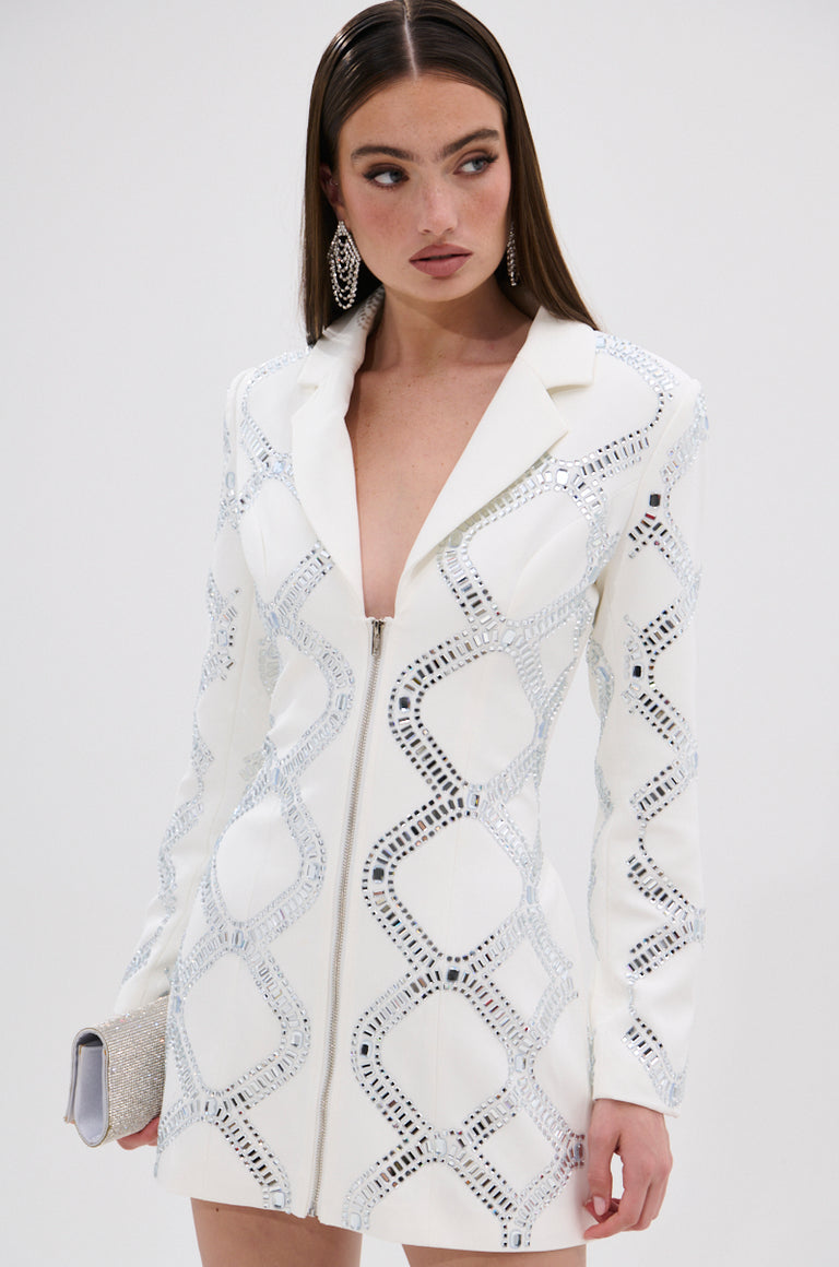doreen Rhinestone Split Blazer In White
