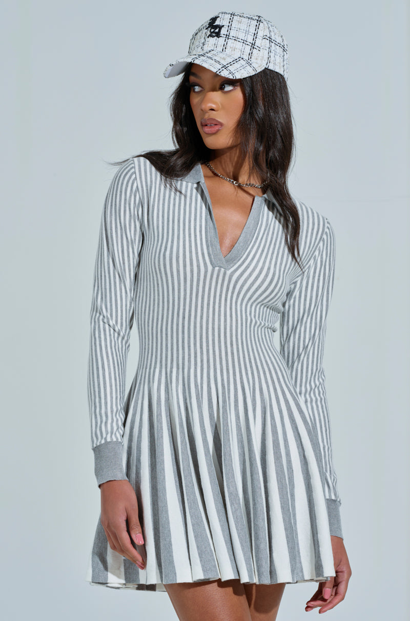 ALINA PLEATED KNIT FIT AND FLARE MINI DRESS WITH LONG ALINA PLEATED KNIT FIT AND FLARE MINI DRESS WITH LONG