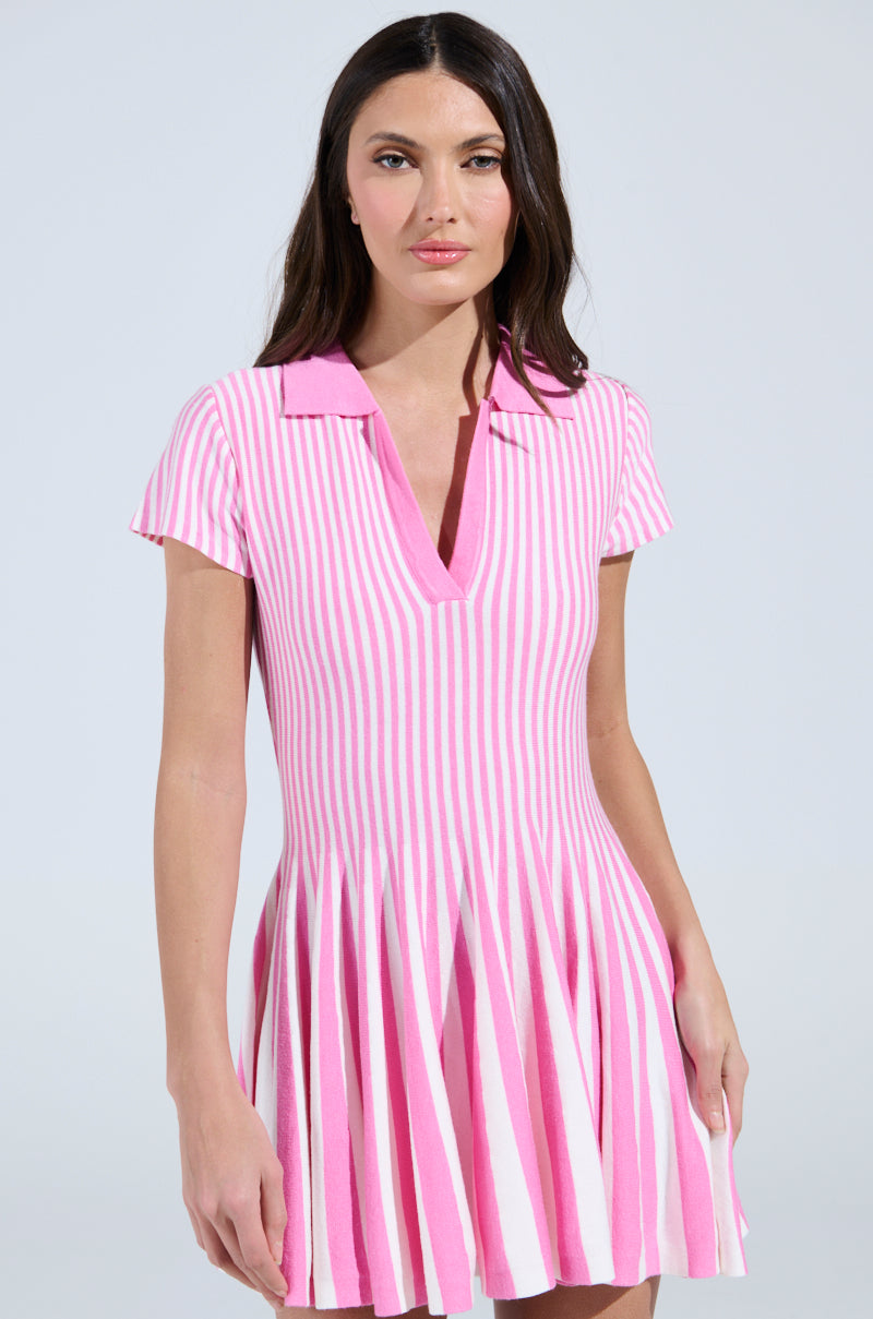 ALINA PLEATED KNIT FIT AND FLARE MINI DRESS IN PINK MULTI AKIRA ALINA PLEATED KNIT FIT AND FLARE MINI DRESS IN PINK MULTI AKIRA