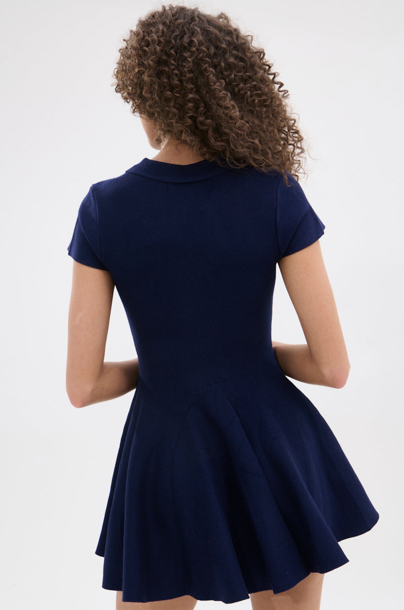 SLEEK AND CHIC KNIT MINI DRESS IN NAVY  AKIRA