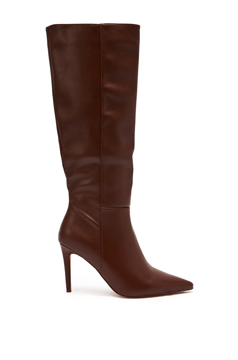 The AZALEA WANG HAILEYANN BROWN STILETTO BOOT is a knee-high style with a pointed toe, crafted from sleek faux leather.
