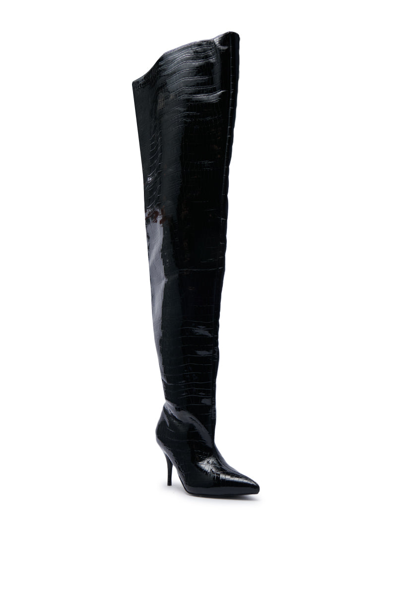 The AZALEA WANG HALINA BLACK CROC STILETTO BOOT, characterized by its pointed toe silhouette and faux crocodile leather construction, is displayed on a pristine white background.