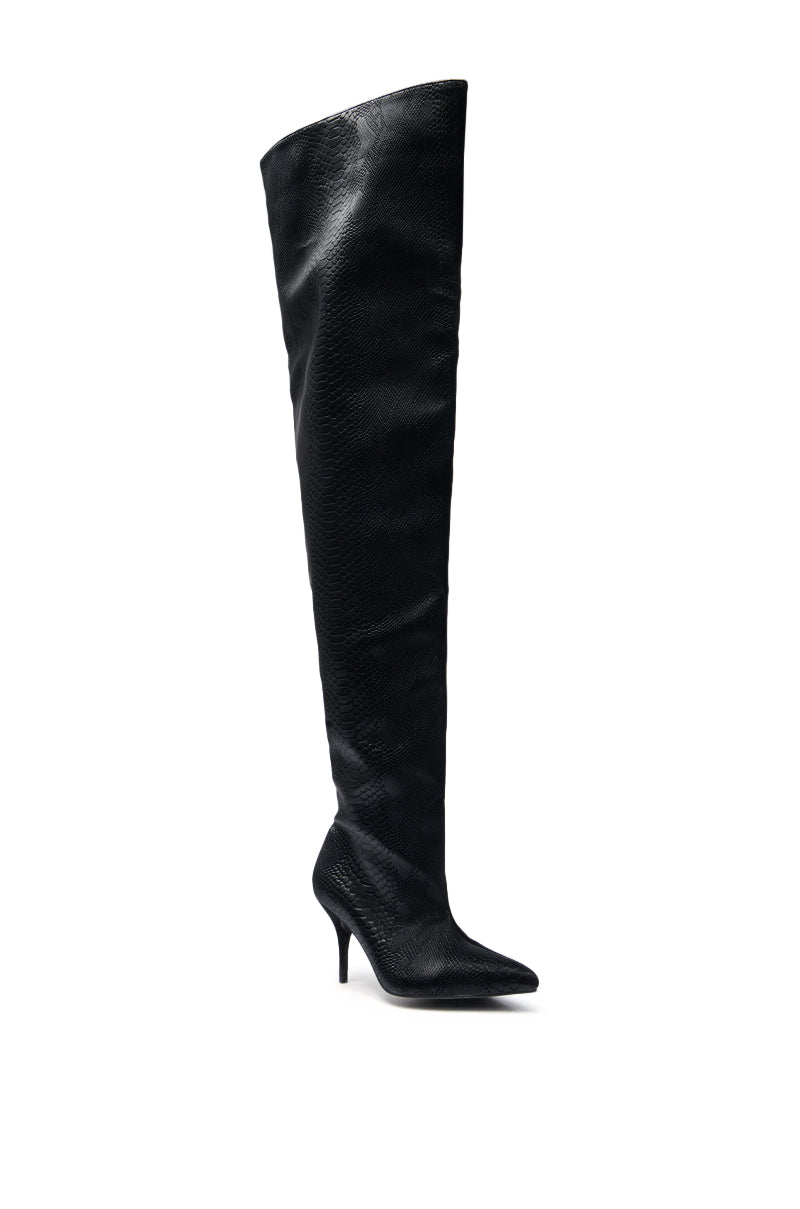 The AZALEA WANG HALINA BLACK SNAKE THIGH HIGH BOOT is a single black, over-the-knee stiletto with a pointed toe and textured snake leather finish, styled like classic thigh-high boots, shown on a white background.