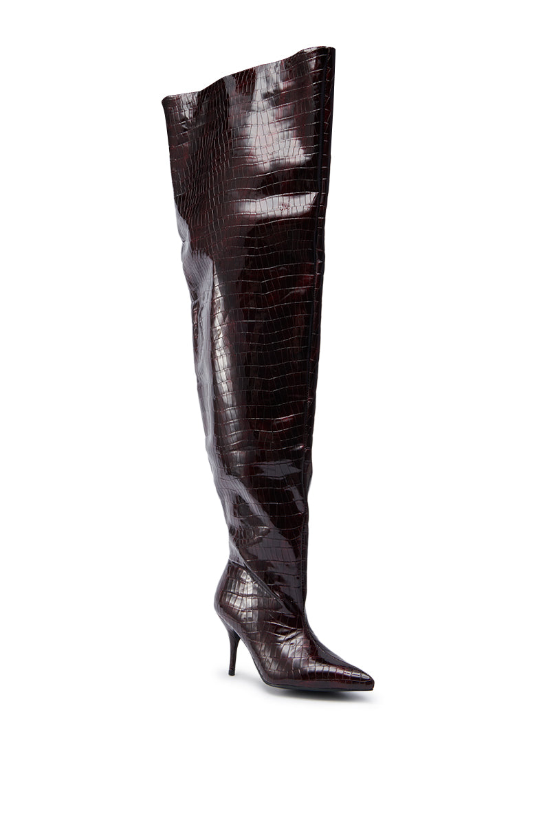 The AZALEA WANG HALINA Burgundy Croc Stiletto Boot is a tall, over-the-knee boot with a pointed toe, stiletto heel, and glossy faux crocodile leather in burgundy, showcased against a white background.