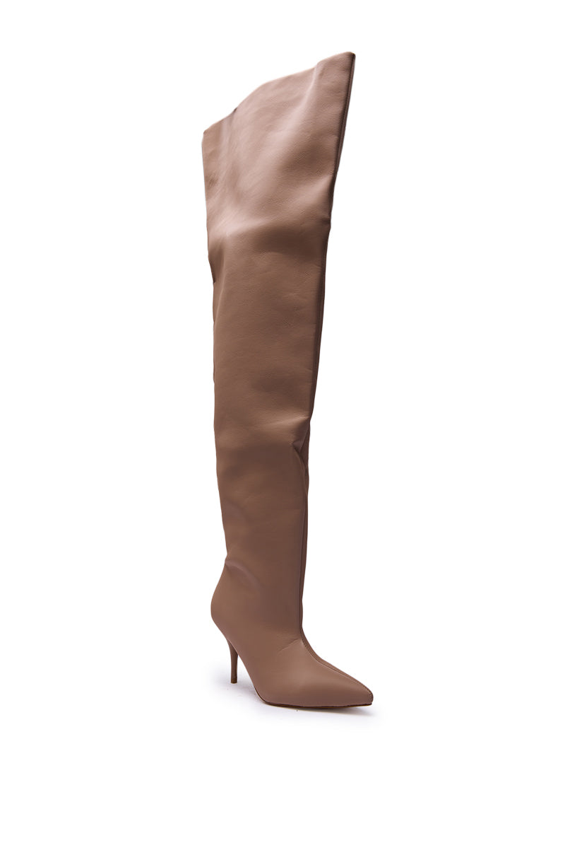 The AZALEA WANG HALINA KHAKI THIGH HIGH BOOT is a single khaki over-the-knee stiletto boot with a pointed toe and slouchy shaft, shown on a white background.