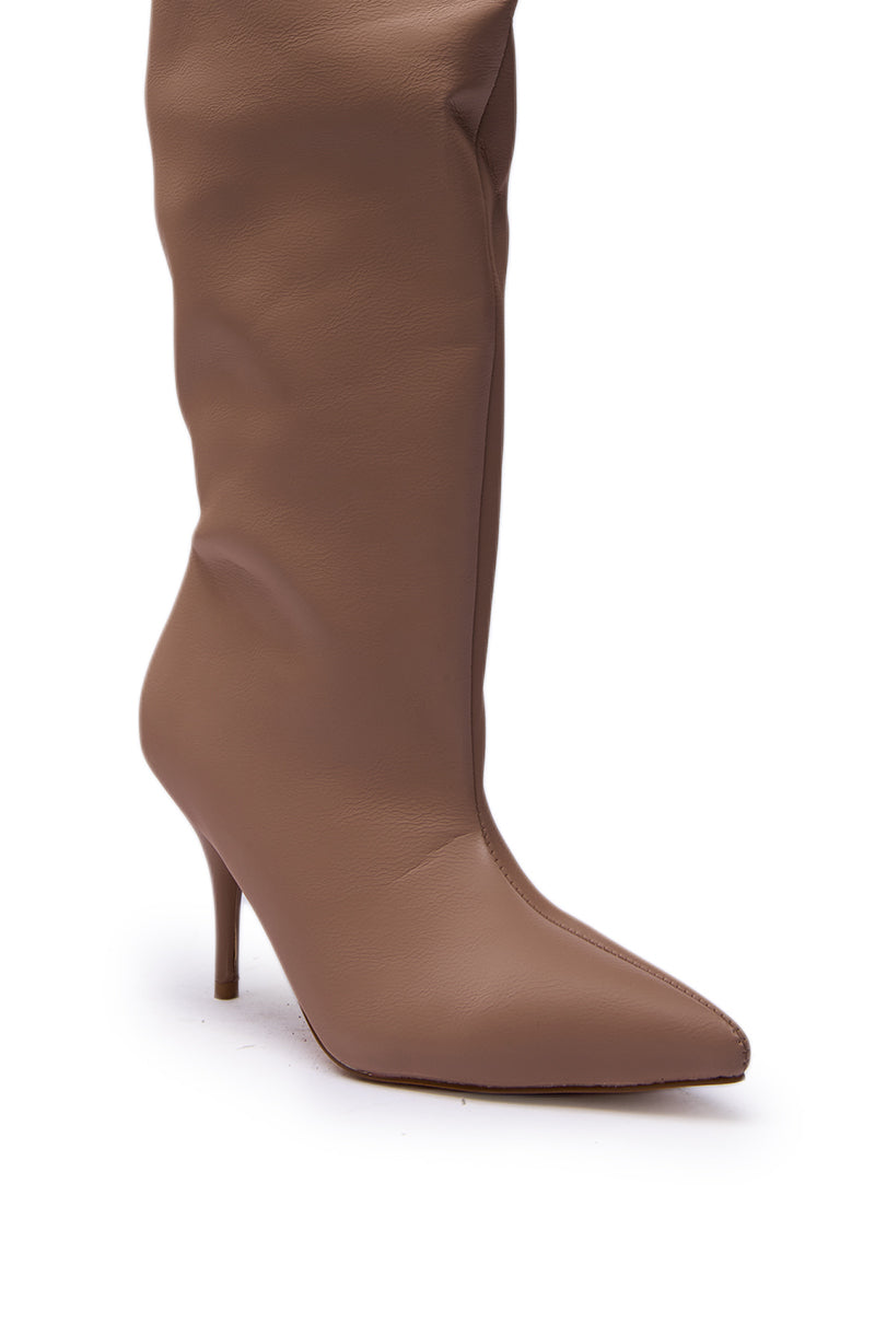 The AZALEA WANG HALINA KHAKI THIGH HIGH BOOT features a pointed toe, sleek stiletto heel, and smooth leather material in khaki, shown on a white background.
