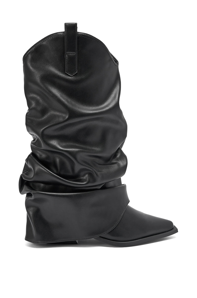 The AZALEA WANG HAWKSTON BLACK PU RUCHED WESTERN BOOTIE is a black faux leather mid-calf boot with a pointed toe, flat sole, ruched texture, and pull tab for easy wear.