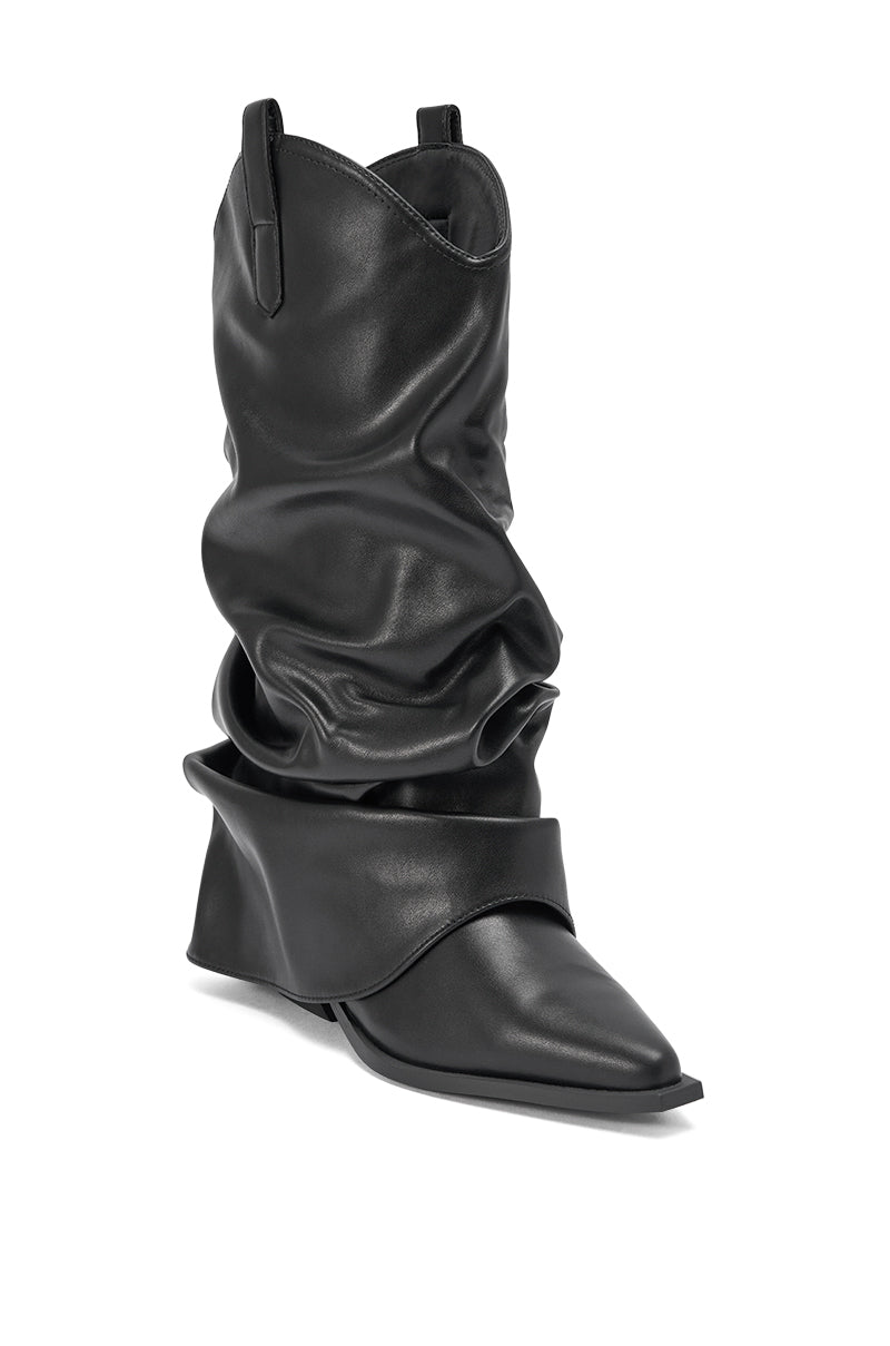 The AZALEA WANG HAWKSTON BLACK PU RUCHED WESTERN BOOTIE features a black pointed toe, a ruched mid-calf design, and a folded-over cuff near the ankle, displayed against a white background.
