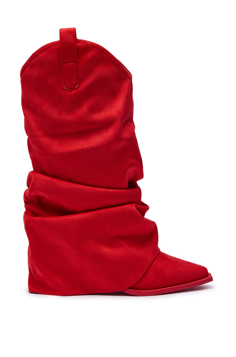 The AZALEA WANG HAWKSTON RED RUCHED WESTERN BOOTIE is a bright red, slouchy mid-calf boot with a chunky heel, pointed toe, and flat sole, shown from the side against a white background.
