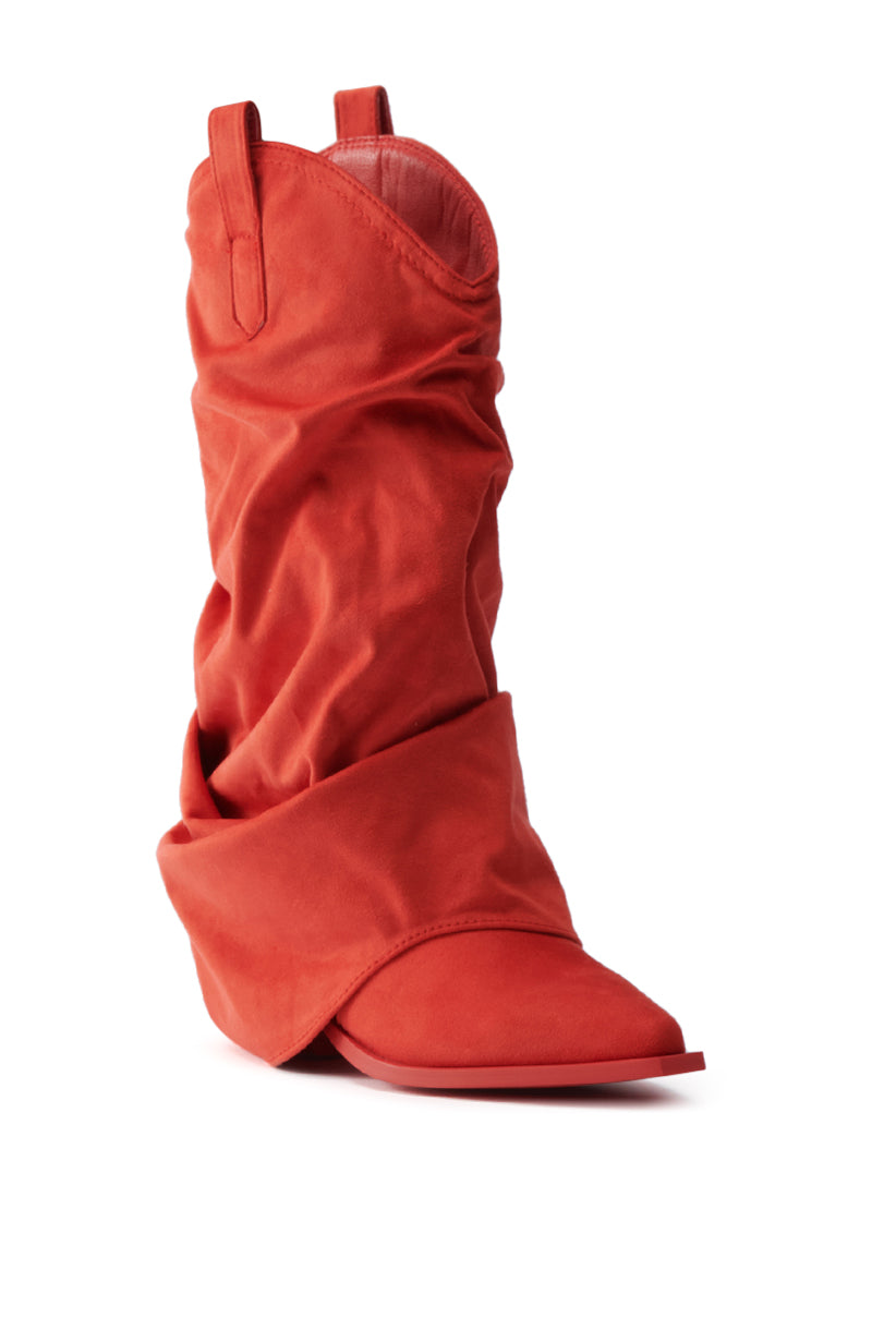 The AZALEA WANG HAWKSTON RED RUCHED WESTERN BOOTIE features a slouchy, faux suede upper with ruching, pointed toe, low heel, and side pull tabs for a relaxed Western-inspired look.