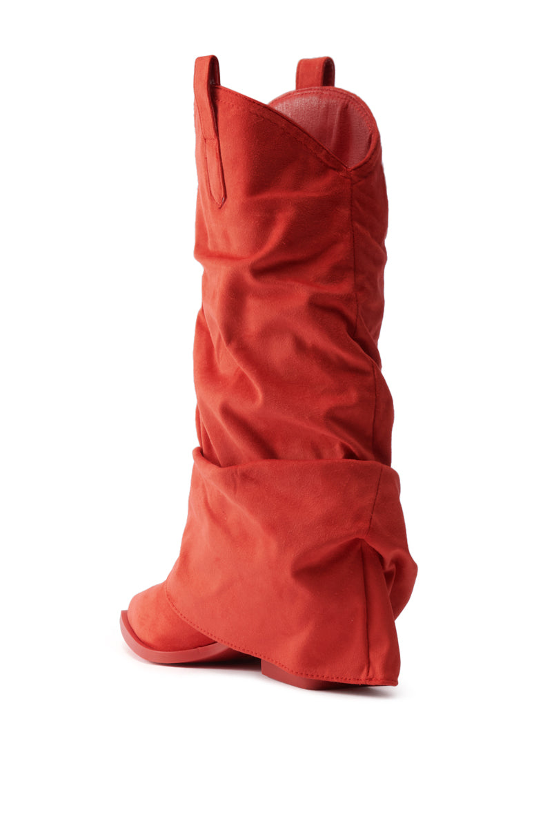 The AZALEA WANG HAWKSTON RED RUCHED WESTERN BOOTIE, in vibrant faux suede with a pointed toe and chunky heel, is displayed from a rear three-quarter view on a white background.