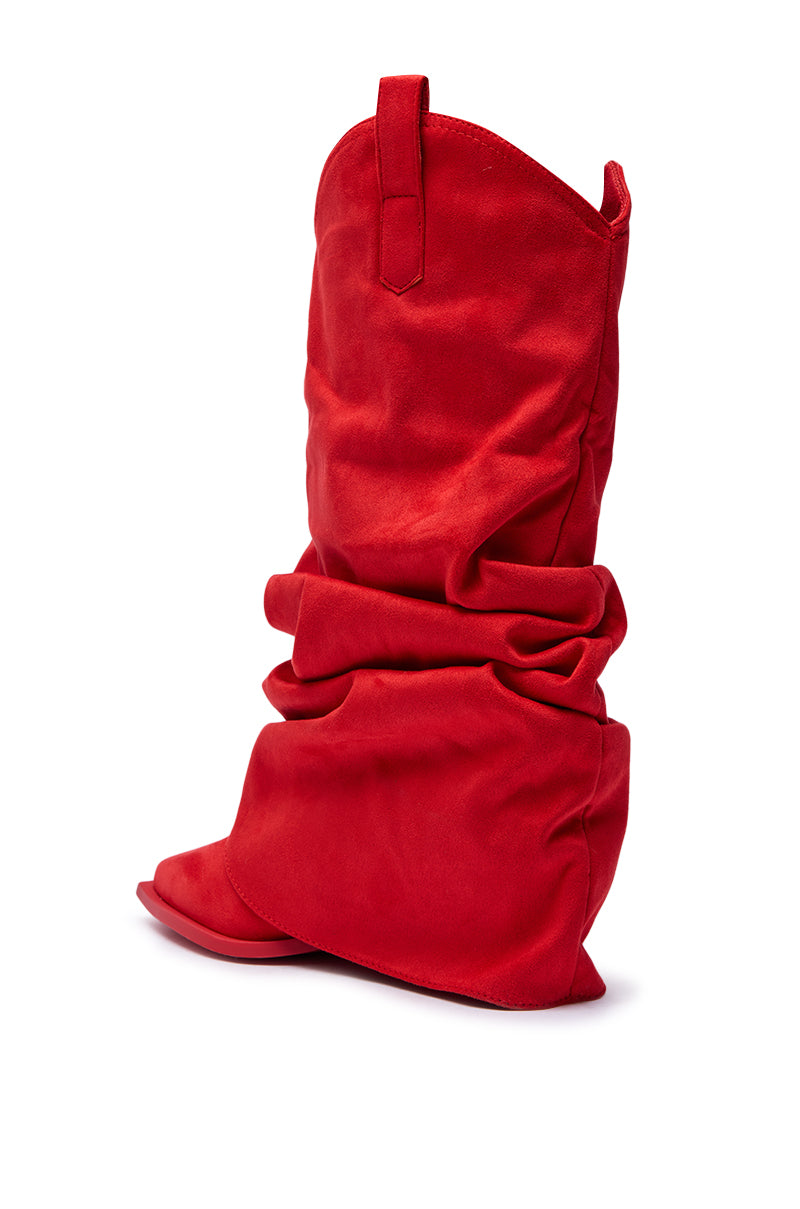 The AZALEA WANG HAWKSTON RED RUCHED WESTERN BOOTIE is a bright red slouchy faux suede bootie with a pointed toe, chunky heel, and pull tab at the top, shown against a white background.