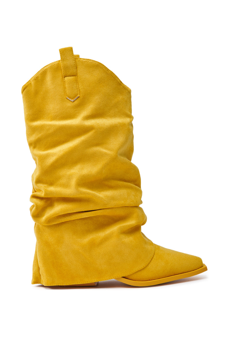 The AZALEA WANG HAWKSTON YELLOW BOOTIE is a slouchy cowboy bootie with a pointed toe, side pull tabs, and a slightly slanted heel, displayed facing left on a white background.