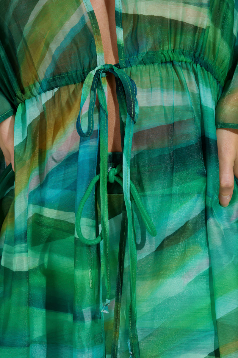 The ON FIRE SET showcases a vibrant tie-front design with green and blue hues. Its abstract wavy print has a flowing, sheer texture with layered patterns for a dynamic and colorful look. 8