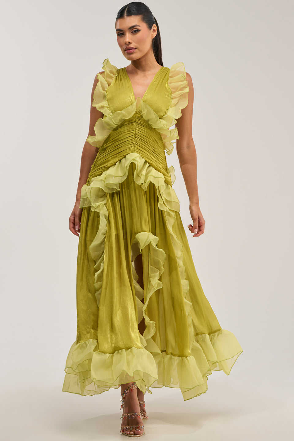 BEAUTIFUL GIRL FLOCKED CHIFFON MAXI DRESS IN GREEN – AKIRA
