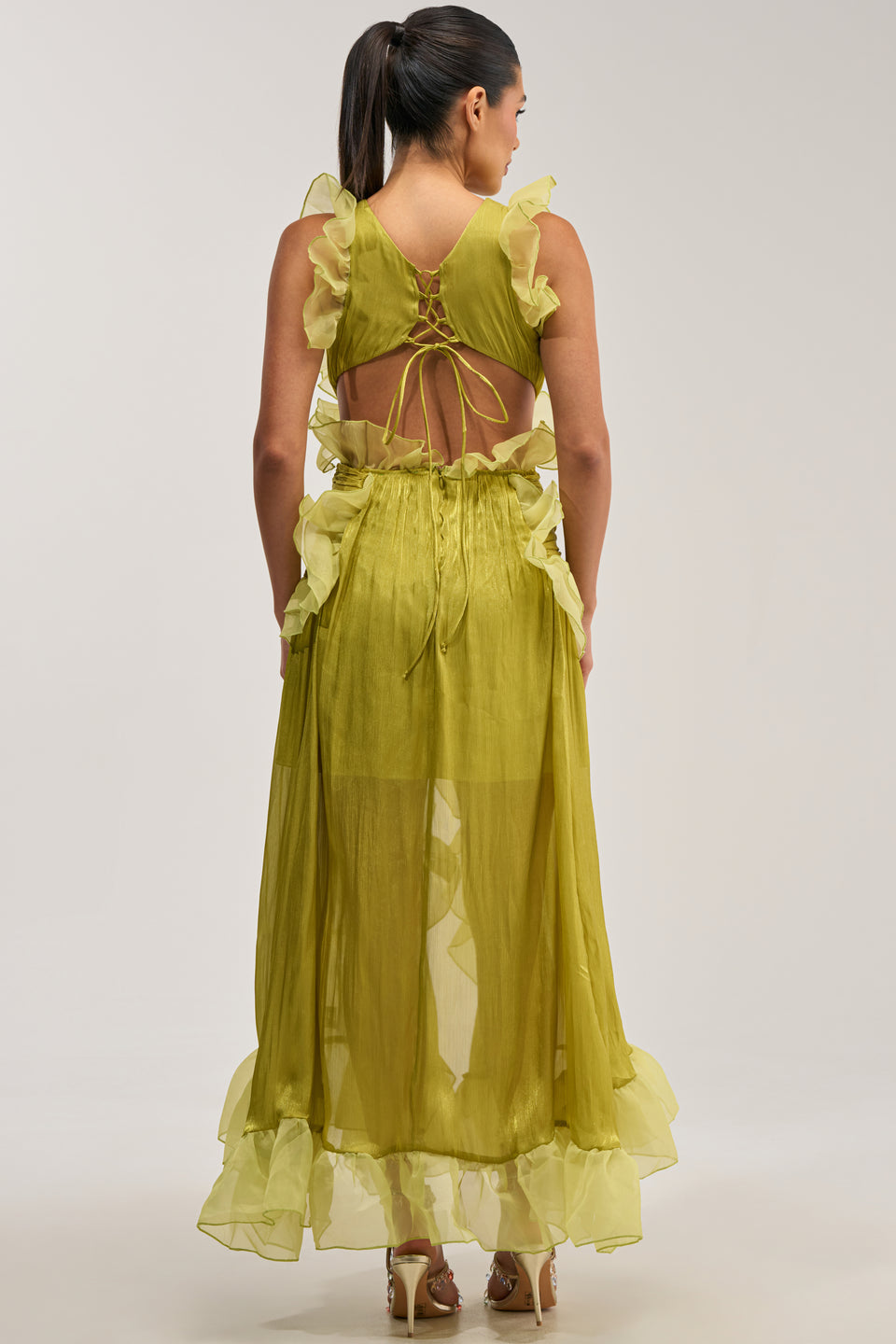 bright green maxi dress Flora Satin hand wash LIGHT GREEN CRYSTAL MAXI DRESS