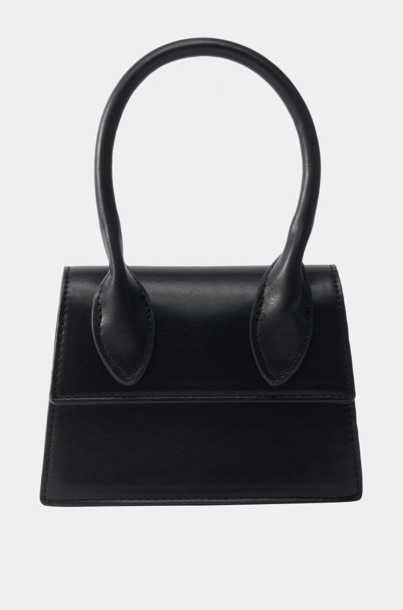 The JACKY BELT BAG is a small black faux leather bag featuring curved top handles and a structured rectangular frame, displayed against a plain white background. 5