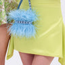 A person in a light yellow asymmetrical skirt holds the WORTH IT ALL FEATHER PURSE—a small blue feather bag with a checkered faux leather strap—while another in a green and silver patterned outfit stands nearby.