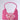 The IN BLOOM PINK PURSE is a pink floral handbag with simple handles, adorned with a cluster of pink and white orchids on its plain faux leather background, highlighting its elegant floral design.