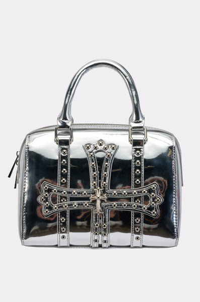 Silver Metallic Faux Leather Mini Bowling Bag | AKIRA