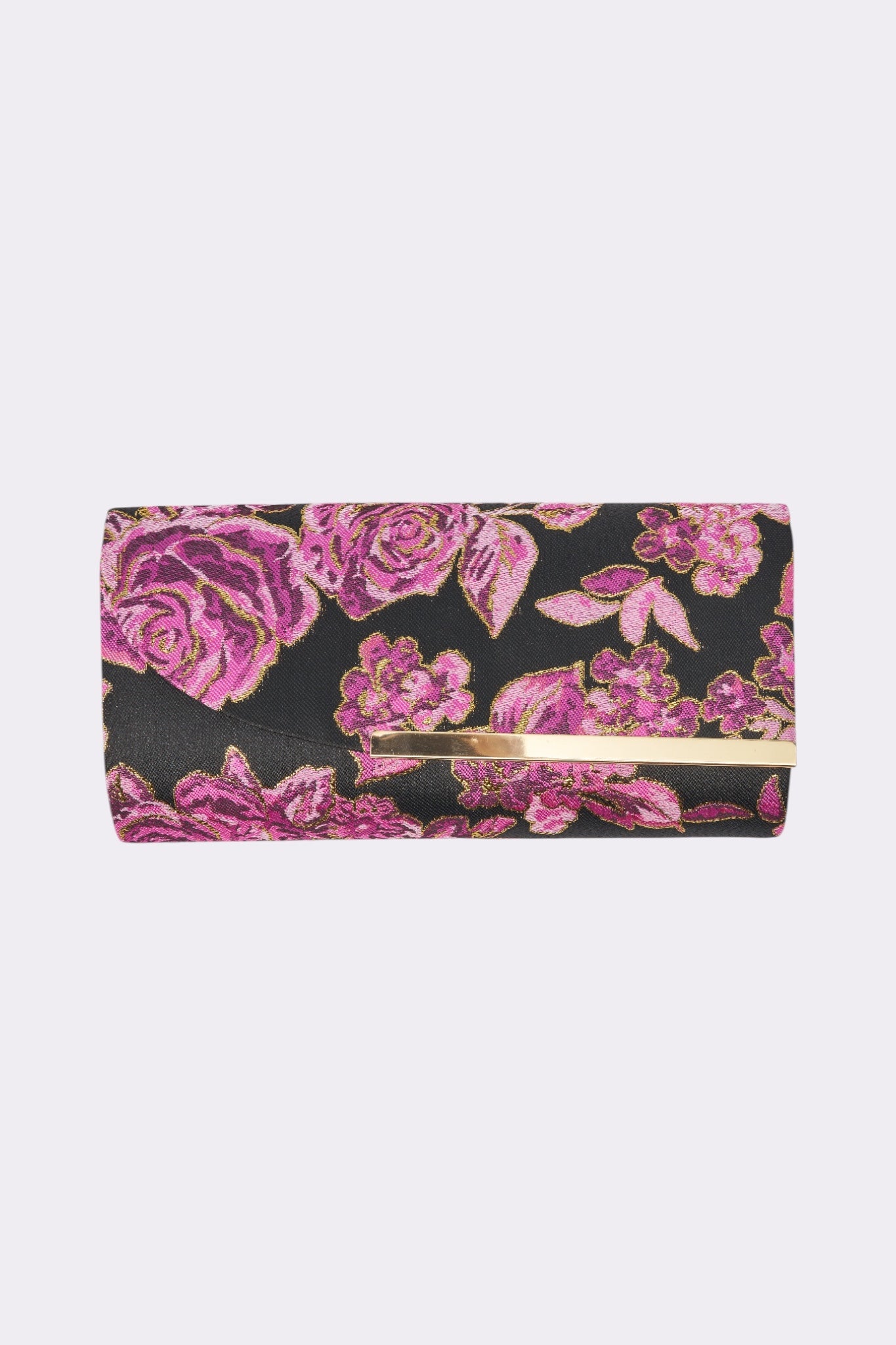 Introducing the CATCH ME DANCING FLORAL CLUTCH: a black brocade evening bag adorned with striking pink and purple roses and lush leaves. Accented by a luxurious gold trim, this stylish clutch also features a delicate gold chain strap, offering versatile carrying options for any elegant occasion.
