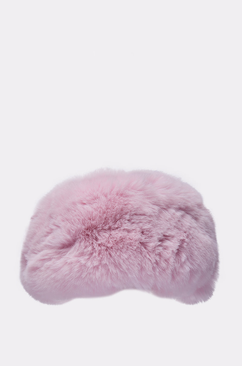 The BB GURLLL FAUX FUR HEADBAND is a fluffy, light pink accessory made from soft faux fur, perfect for cozy cold weather wear, shown on a plain white background. 1