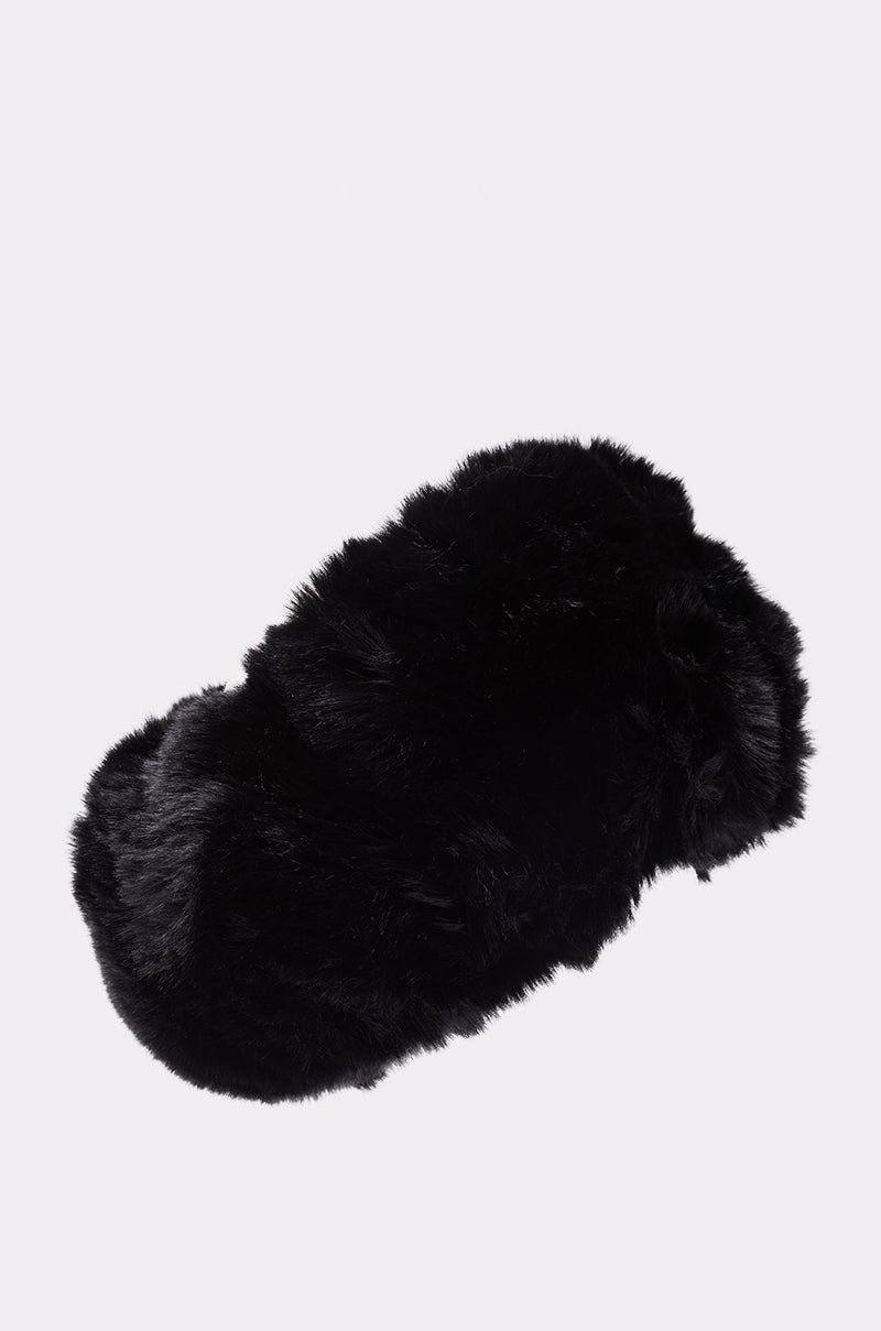The LUXE JENNY FAUX FUR HEADBAND IN BLACK, a chic and fluffy winter accessory, is displayed against a plain white background.