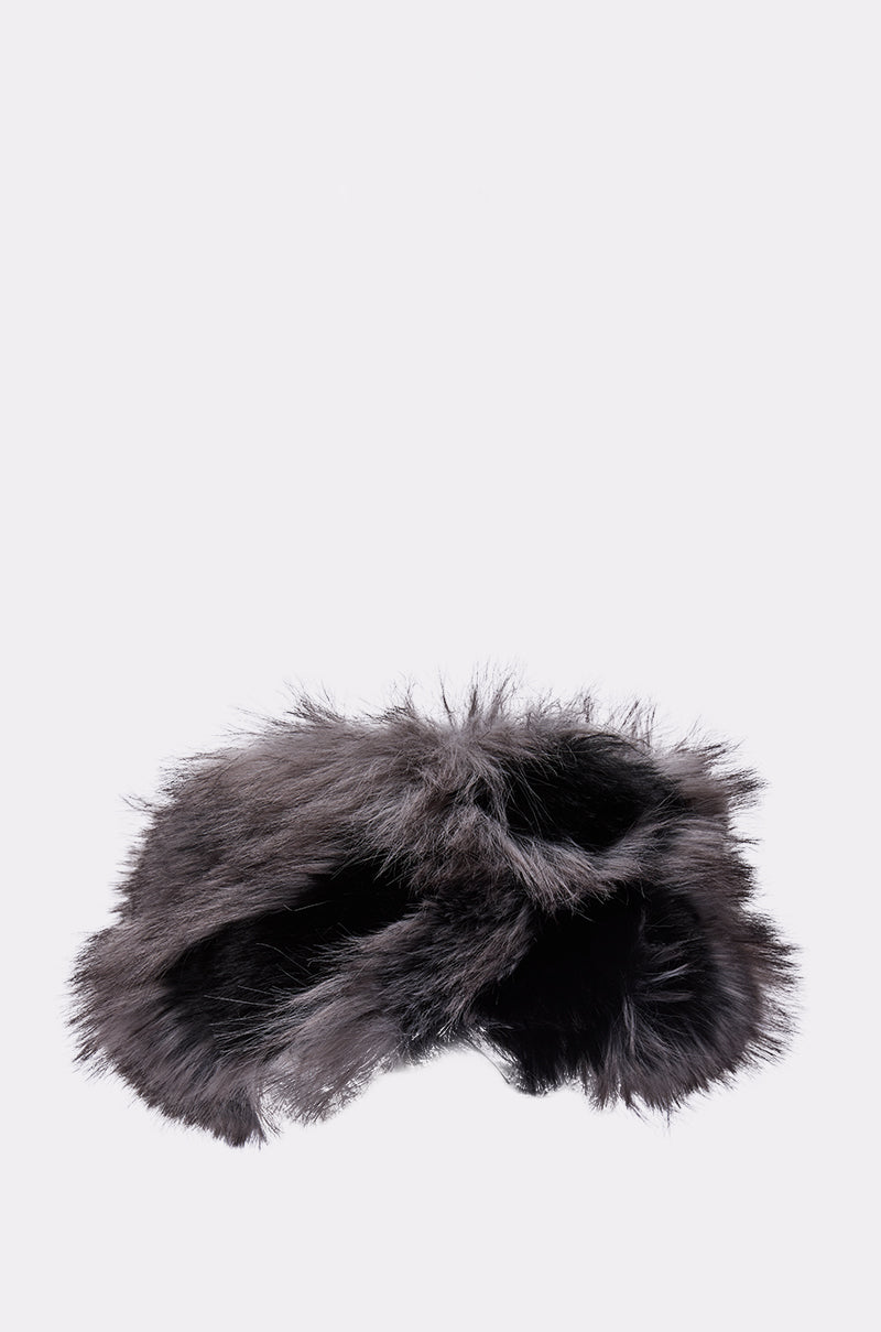 The ARLO FAUX FUR HEADBAND, featuring fluffy dark gray faux fur and a smooth satin lining, is displayed on a plain white background. 3