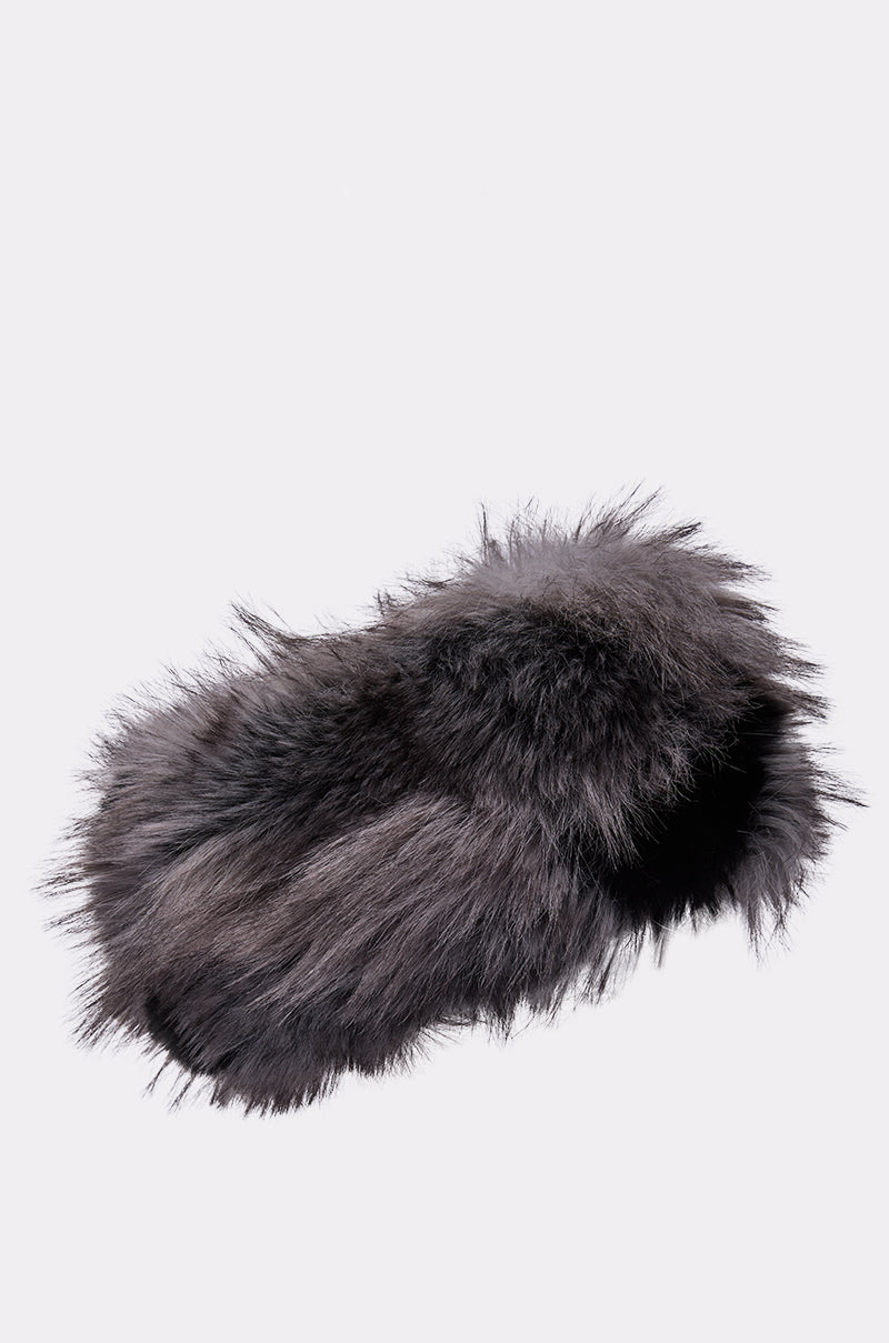 The ARLO FAUX FUR HEADBAND features fluffy, dark gray faux fur with a soft, shaggy texture and cozy satin lining, shown against a plain light background. 4
