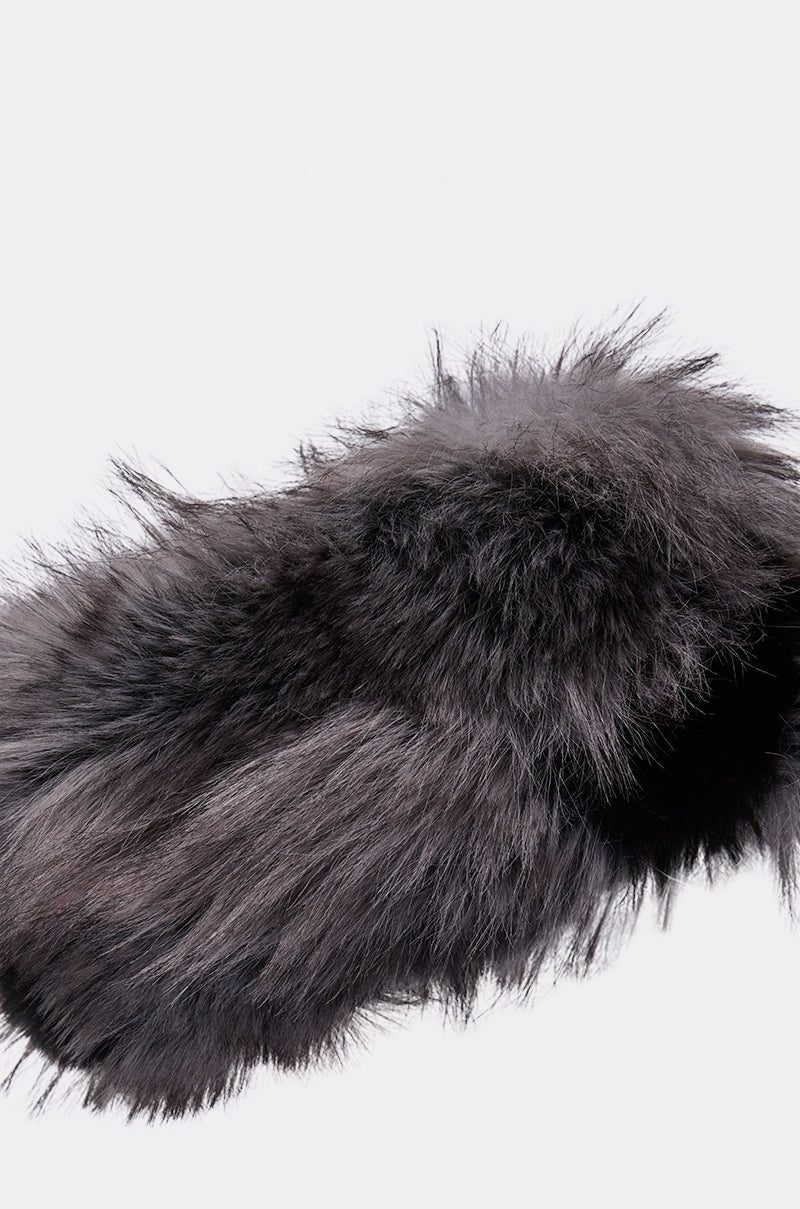A close-up of the ARLO FAUX FUR HEADBAND shows its soft, dark gray faux fur with long, fluffy fibers—perfect as a cold-weather accessory—set against a plain white background. 5